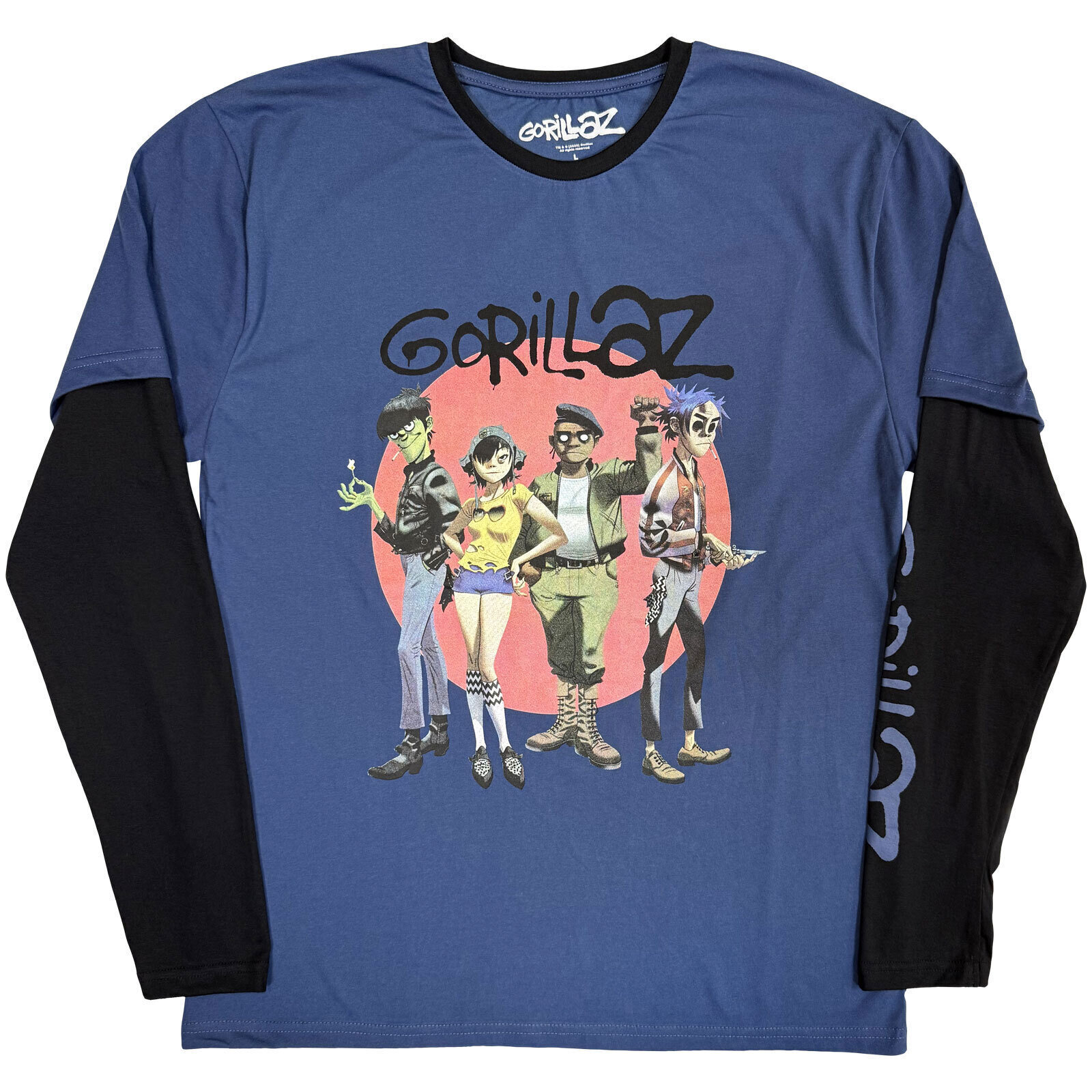 T-Shirt Gorillaz Group Circle Rise (Sleeve Print) Denim Blue & Black 2XL T-Shirt
