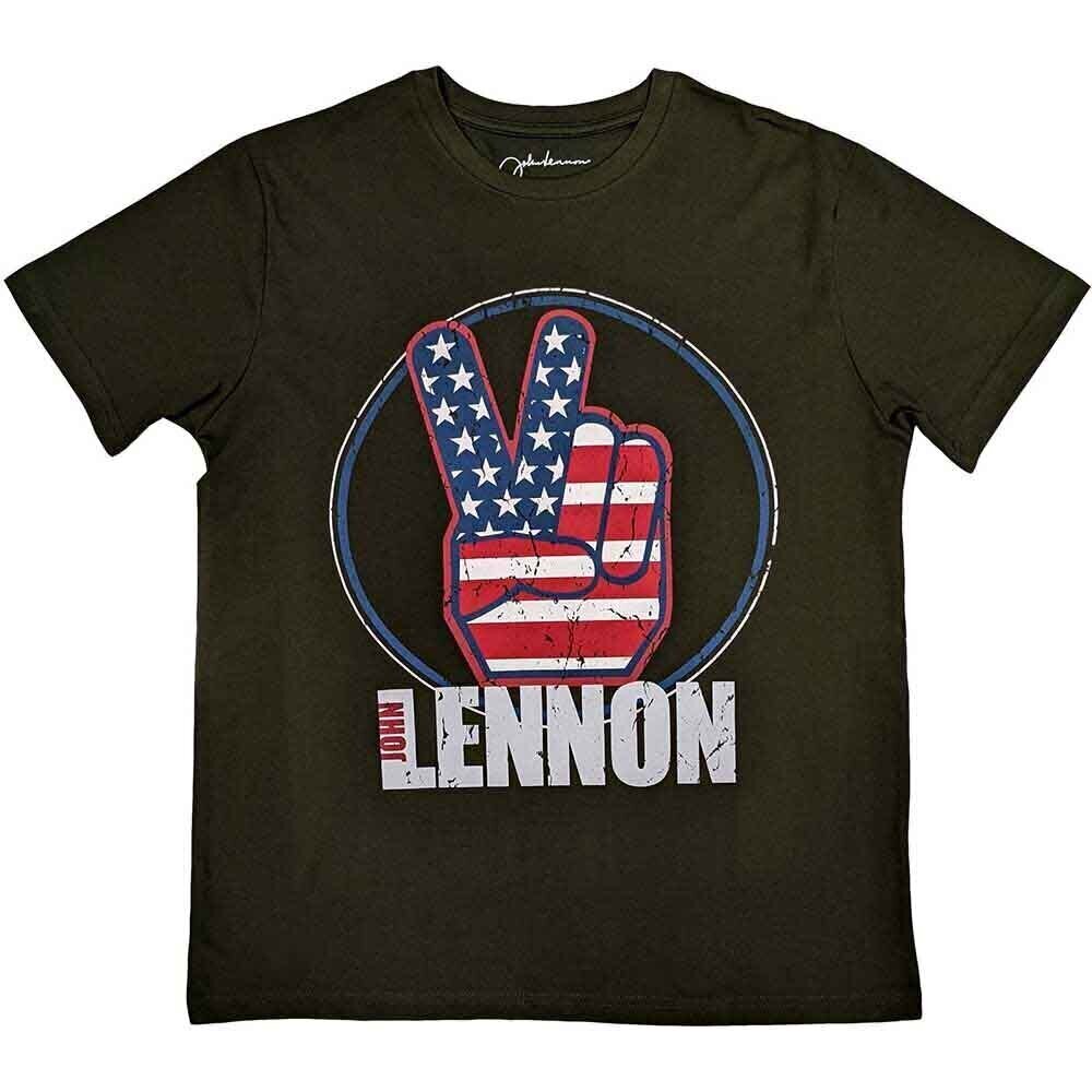 T-Shirt John Lennon Peace Fingers US Flag Military Green M T-Shirt