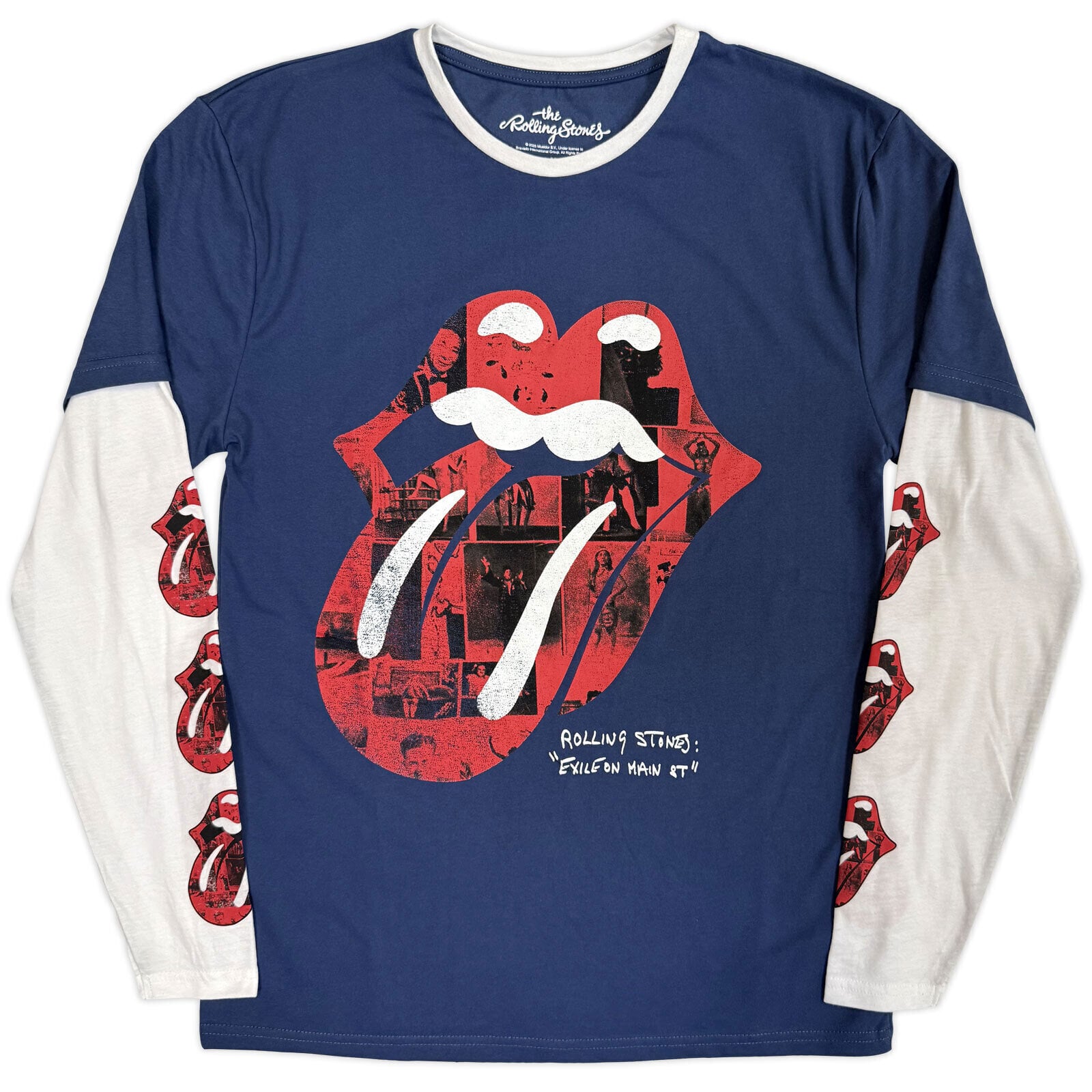 Tricou The Rolling Stones Collage Tongue (Sleeve Print) Denim Blue & White M Tricou