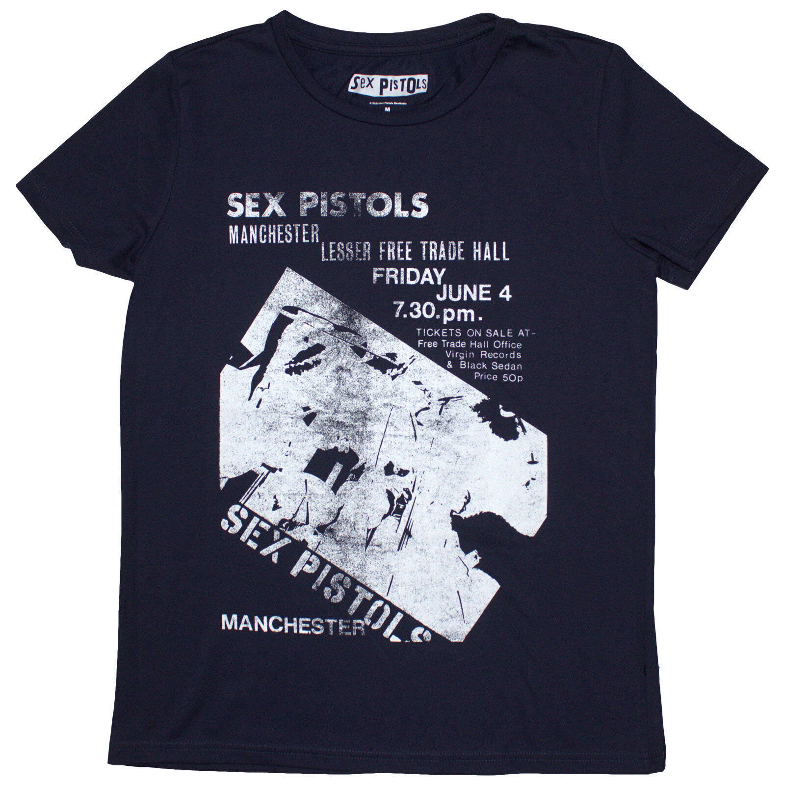 T-shirt Sex Pistols Manchester Flyer Navy Blue 2XL Feminino T-shirt
