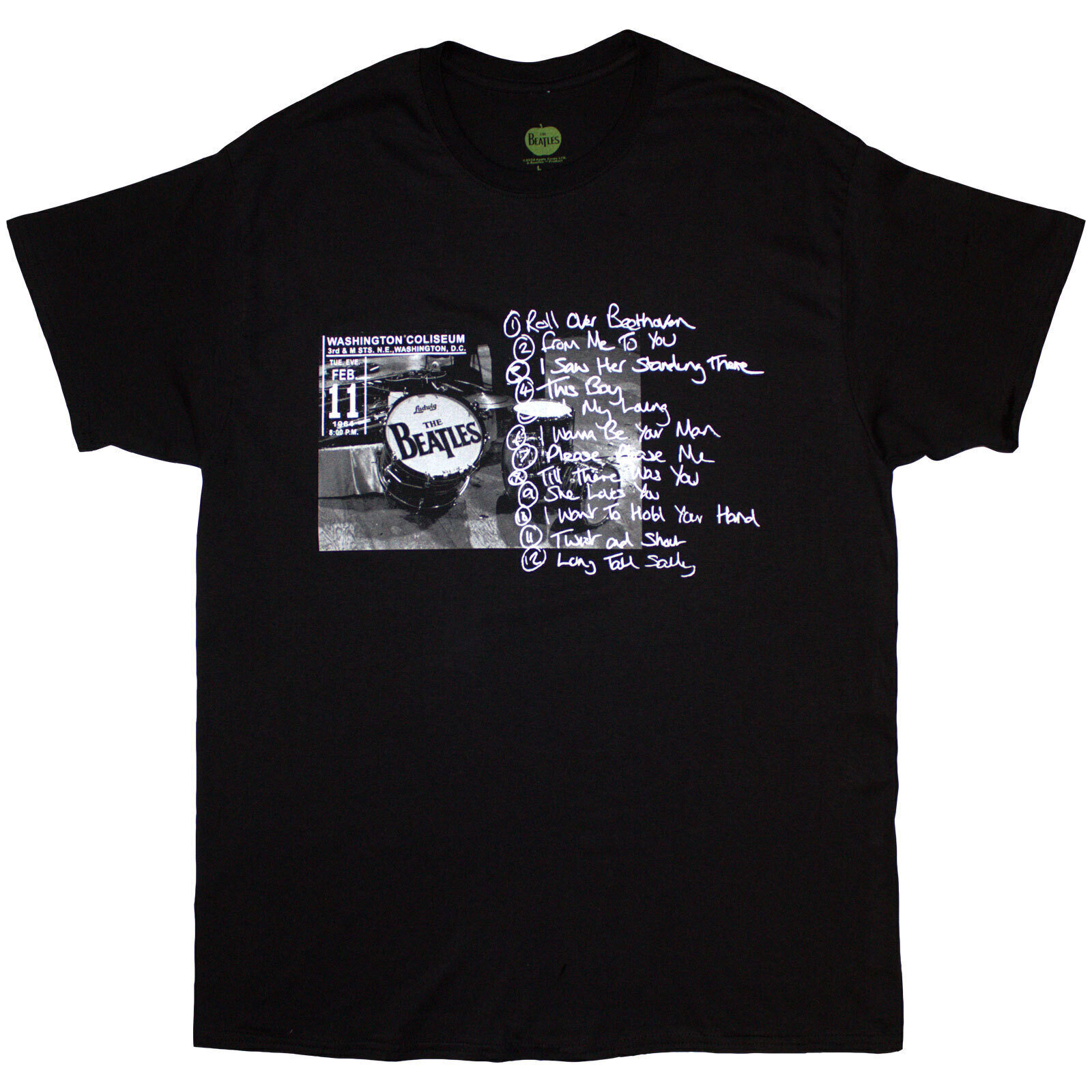 T-Shirt The Beatles Washington '64 Drum Photo & Setlist Black 2XL T-Shirt