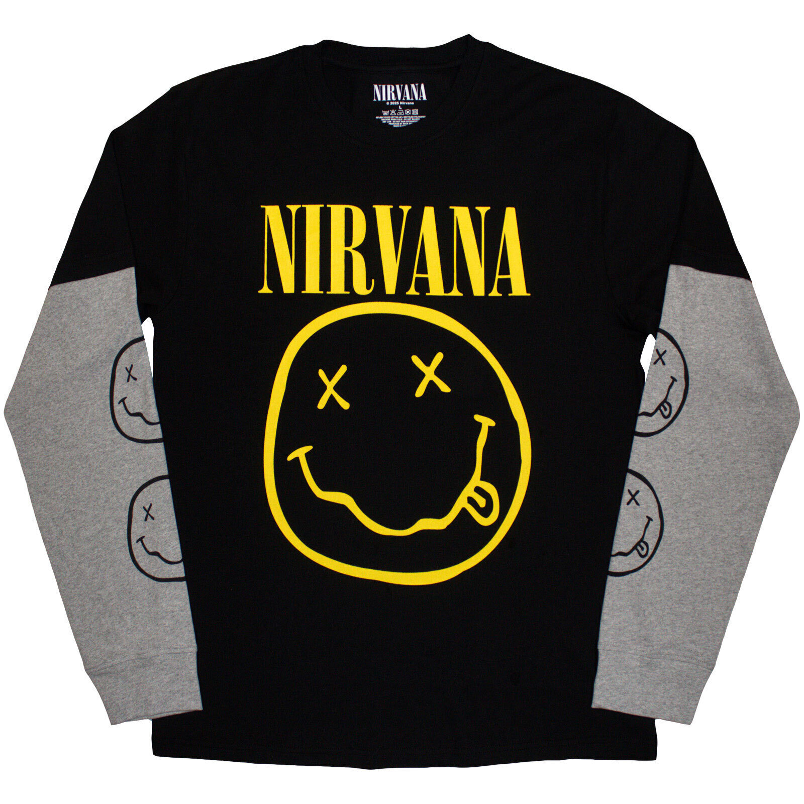 T-Shirt Nirvana Yellow Happy Face (Sleeve Print) Black & Grey M T-Shirt