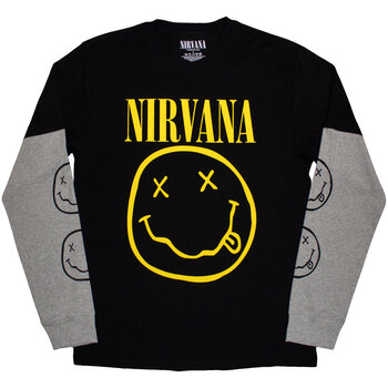 T-Shirt Nirvana Yellow Happy Face (Sleeve Print) Black & Grey 2XL T-Shirt - 1