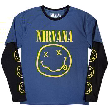 T-Shirt Nirvana Yellow Happy Face (Sleeve Print) Denim Blue & Black 2XL T-Shirt - 1