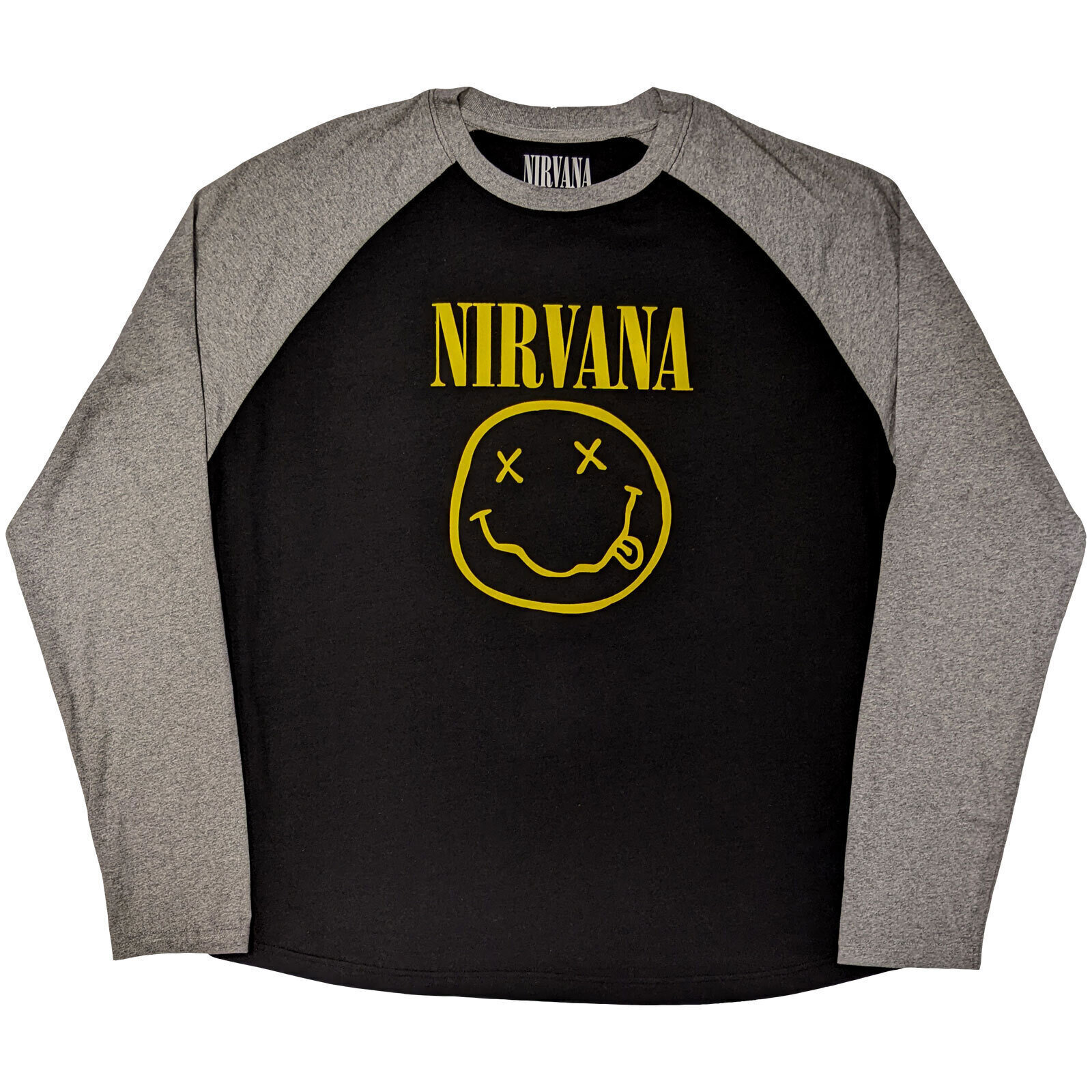 Marškinėliai Nirvana Yellow Happy Face Raglan Black & Grey S Marškinėliai