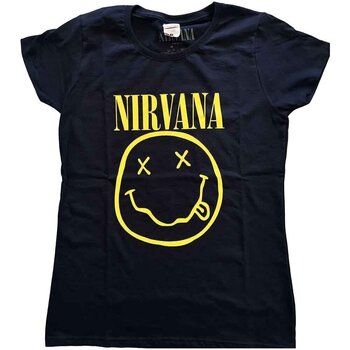 Marškinėliai Nirvana Yellow Happy Face Navy Blue M Moteriški Marškinėliai - 1