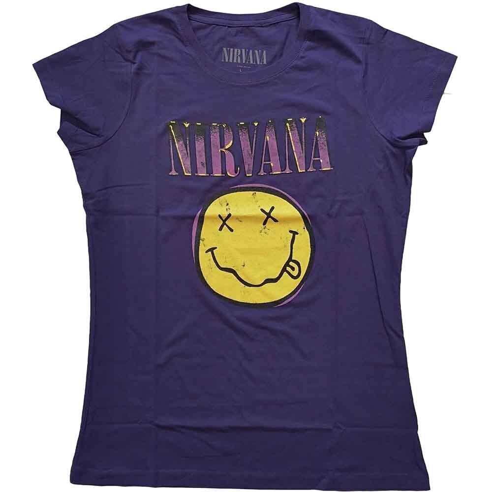 Marškinėliai Nirvana Xerox Happy Face Pink Purple XS Moteriški Marškinėliai