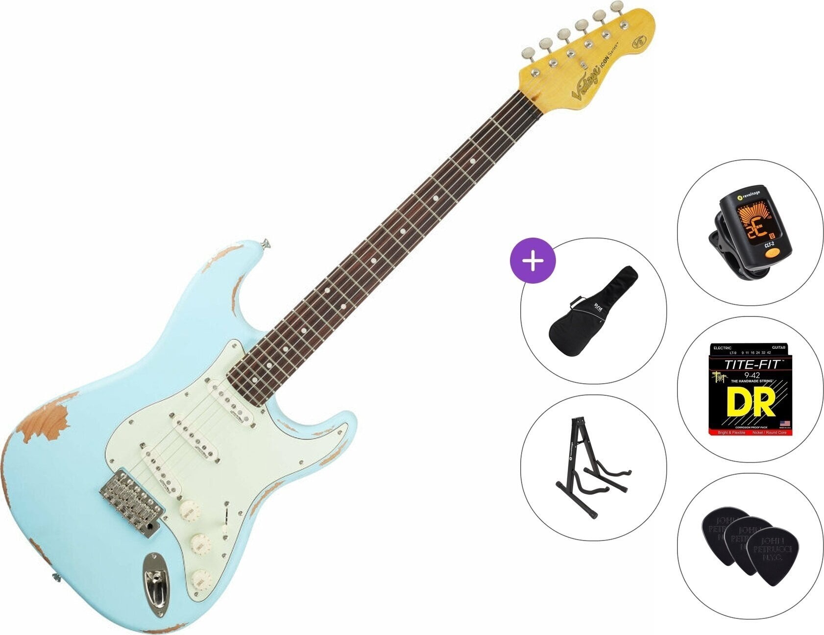 Elektriska gitarrer Vintage V6MRLB Standard SET Distressed Laguna Blue Elektriska gitarrer