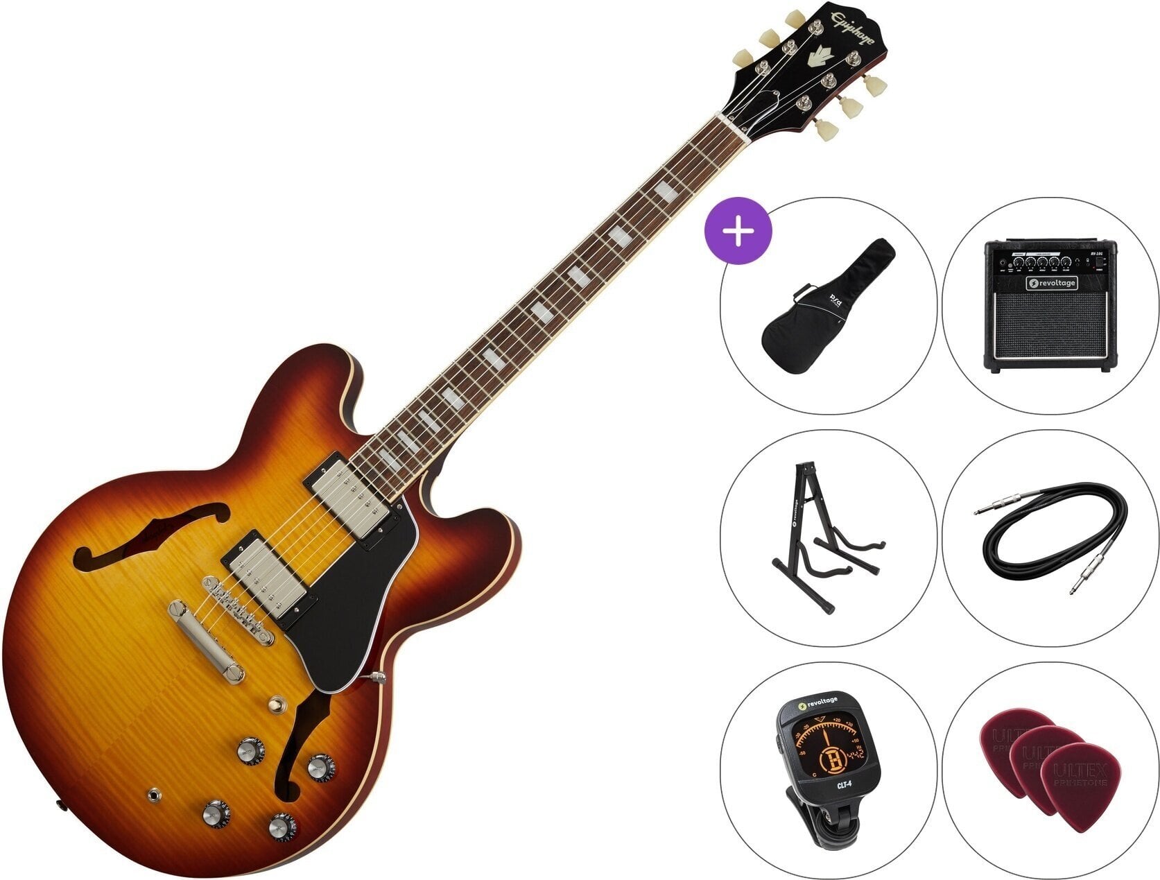 Poolakustiline kitarr Epiphone ES-335 Figured Premium SET Raspberry Tea Burst Poolakustiline kitarr