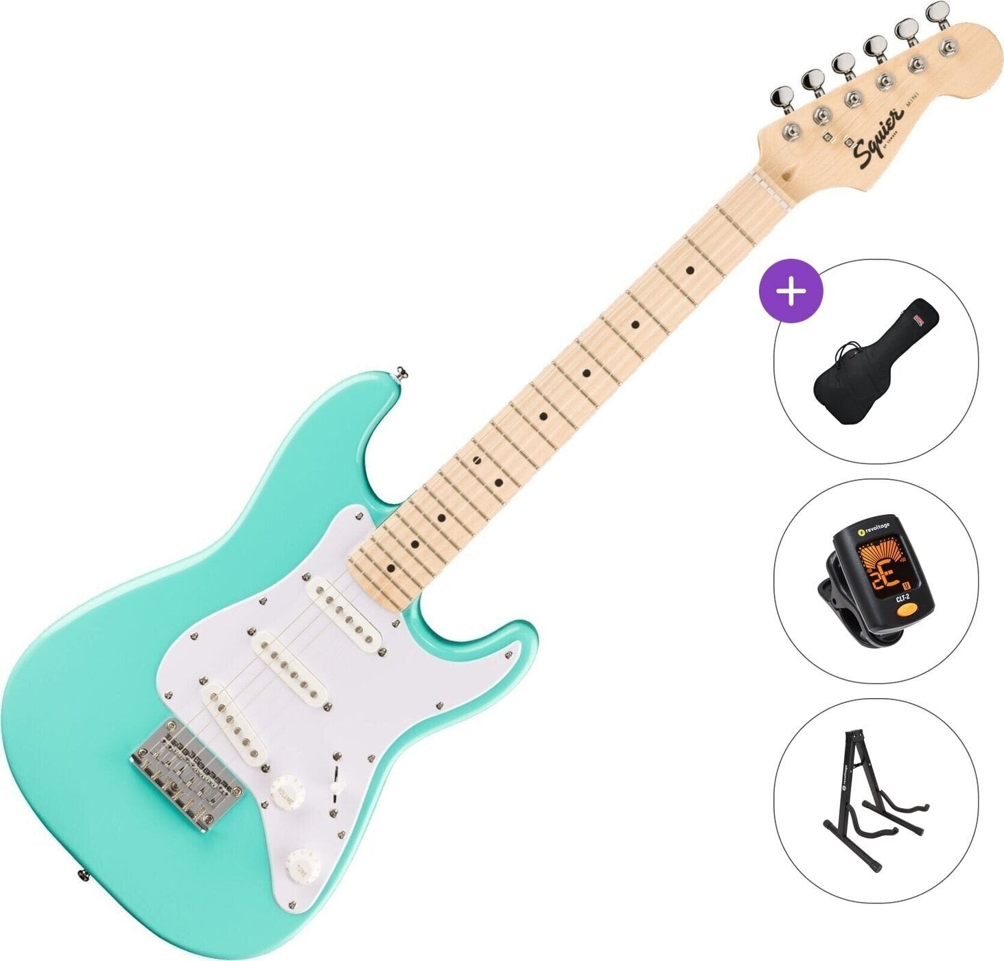 Elektriska gitarrer Fender Squier Mini Stratocaster MN Basic SET Sea Foam Green Elektriska gitarrer