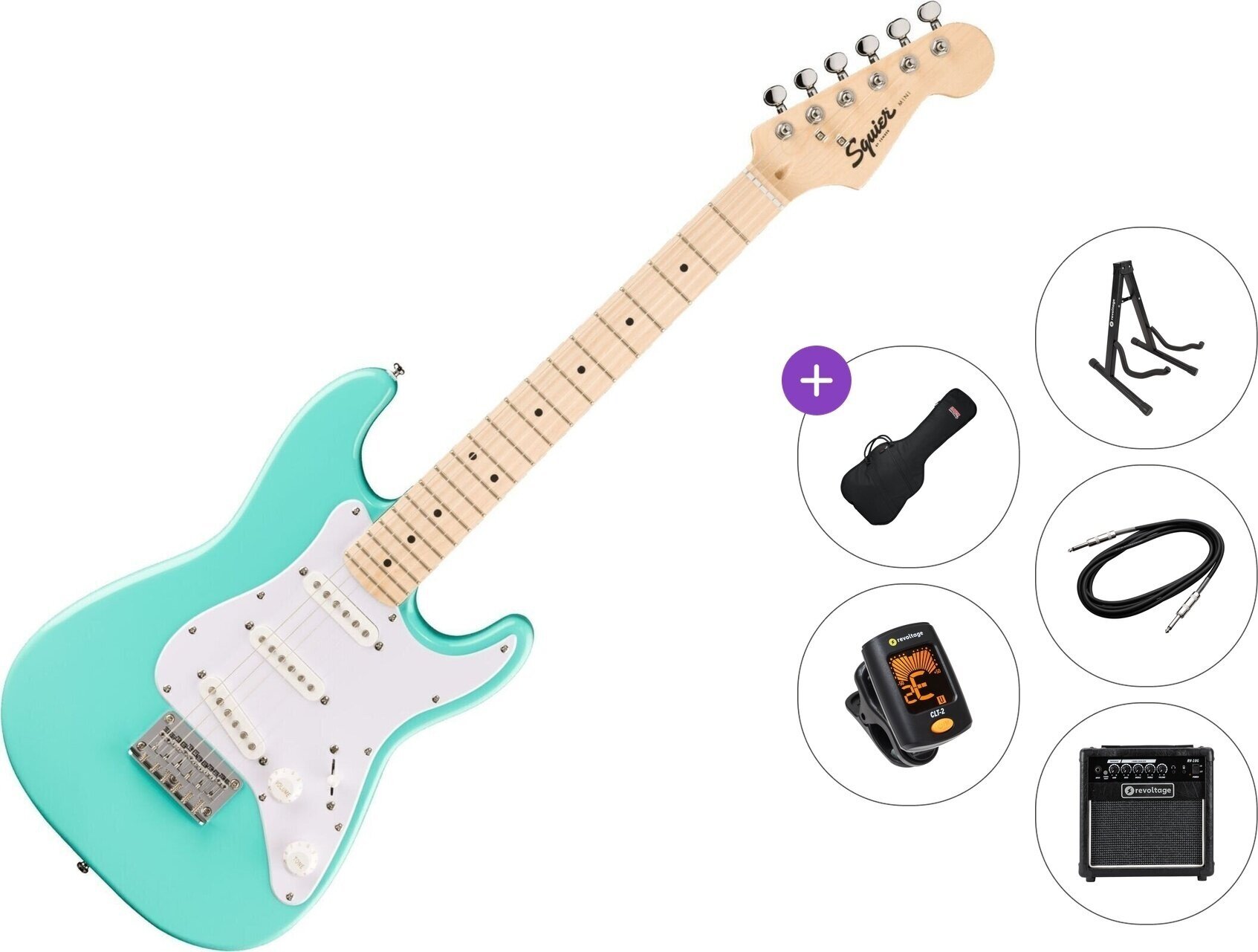 Elektriska gitarrer Fender Squier Mini Stratocaster MN Premium SET Sea Foam Green Elektriska gitarrer