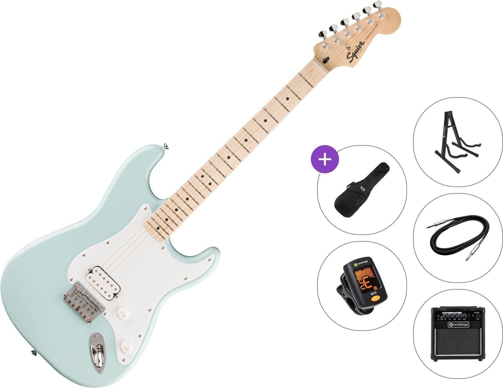 Elektrikitarr Fender Squier Sonic Stratocaster HT H MN Premium SET Sonic Blue Elektrikitarr