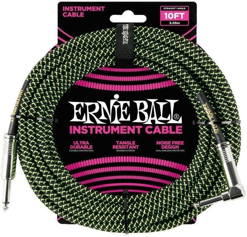 Инструментален кабел Ernie Ball P06077-EB Зелен-Черeн 3 m Директен - Ъглов
