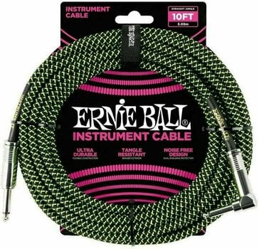 Kabel za glasbilo Ernie Ball P06077-EB Črna-Zelena 3 m Ravni - Kotni - 1