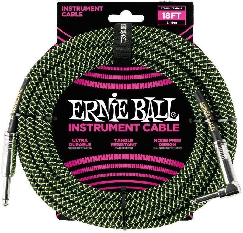 Nástrojový kabel Ernie Ball P06082-EB Černá-Zelená 5,5 m Rovný - Lomený