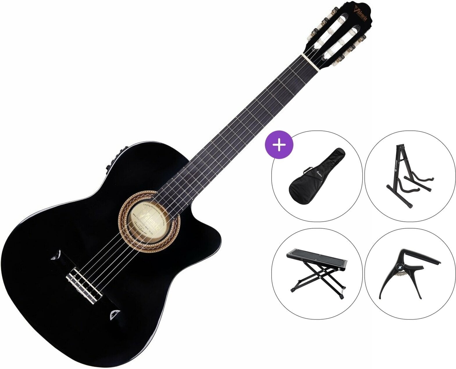 Guitarra clásica con preamplificador Valencia VC104TCE Premium SET 4/4 Black Guitarra clásica con preamplificador