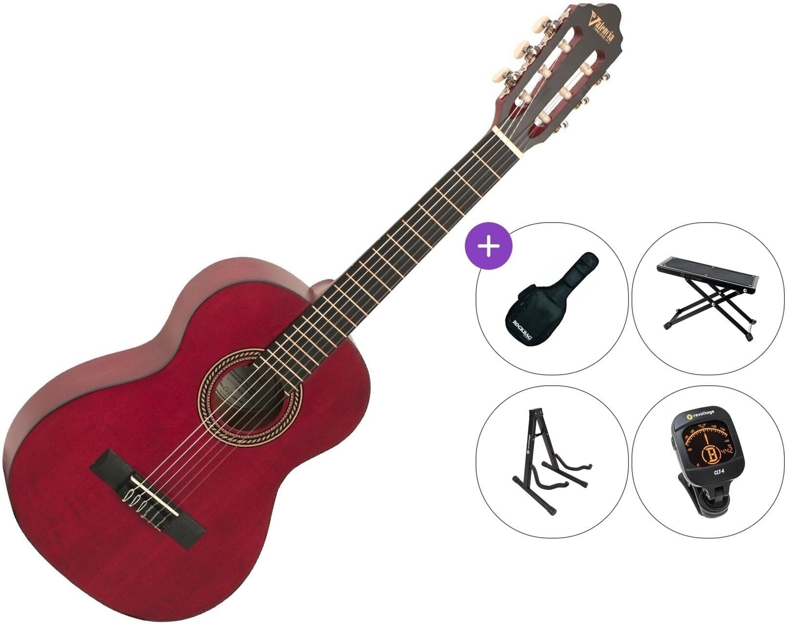 1/2 Konzertgitarre für Kinder Valencia VC202 Premium SET Transparent Wine Red 1/2 Konzertgitarre für Kinder