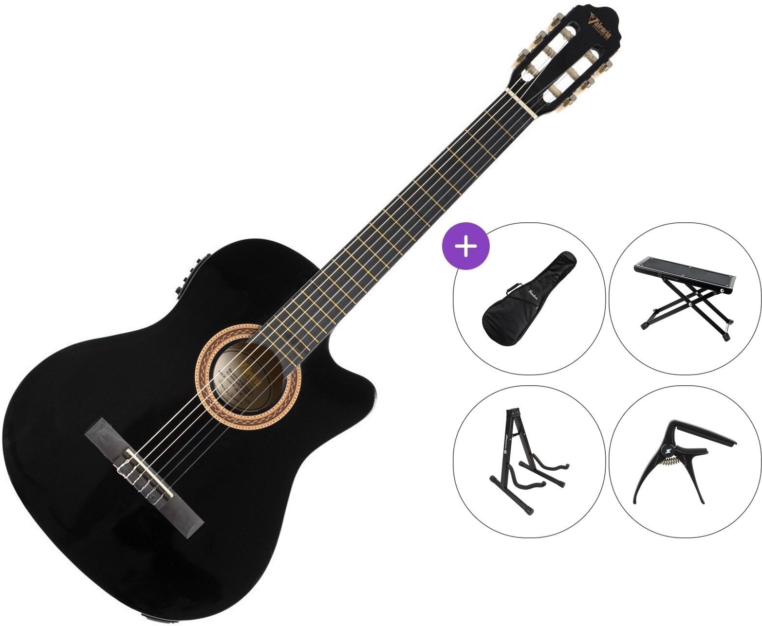 Guitarra clásica con preamplificador Valencia VC104CE Premium SET 4/4 Black Guitarra clásica con preamplificador