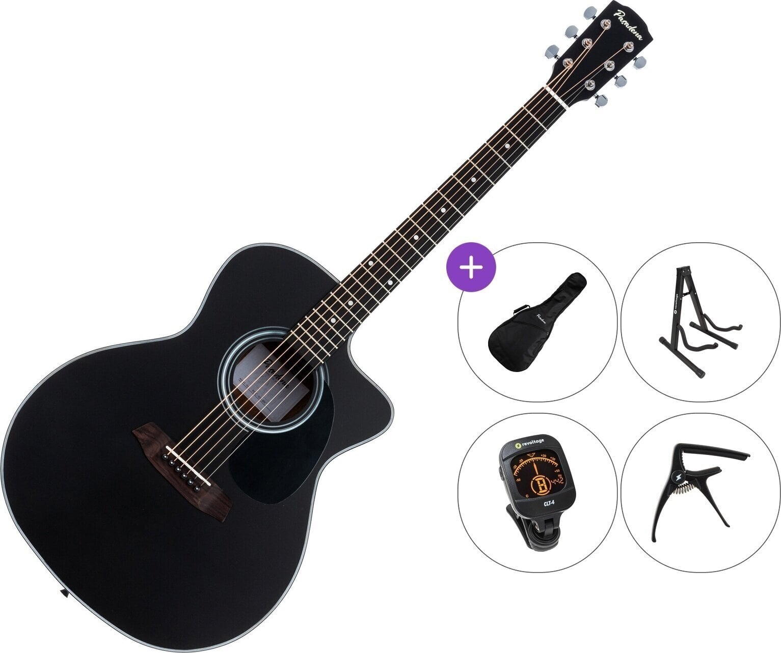 Jumbo akoestische gitaar Pasadena PGC-100 Premium SET Black Jumbo akoestische gitaar