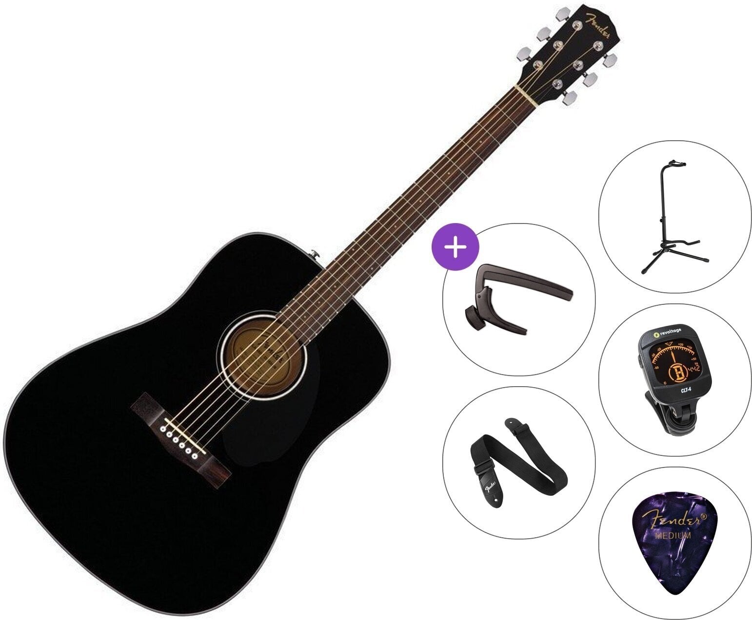 Dreda ģitāra Fender CD-60S Dreadnought WN Deluxe Standard SET Black Dreda ģitāra