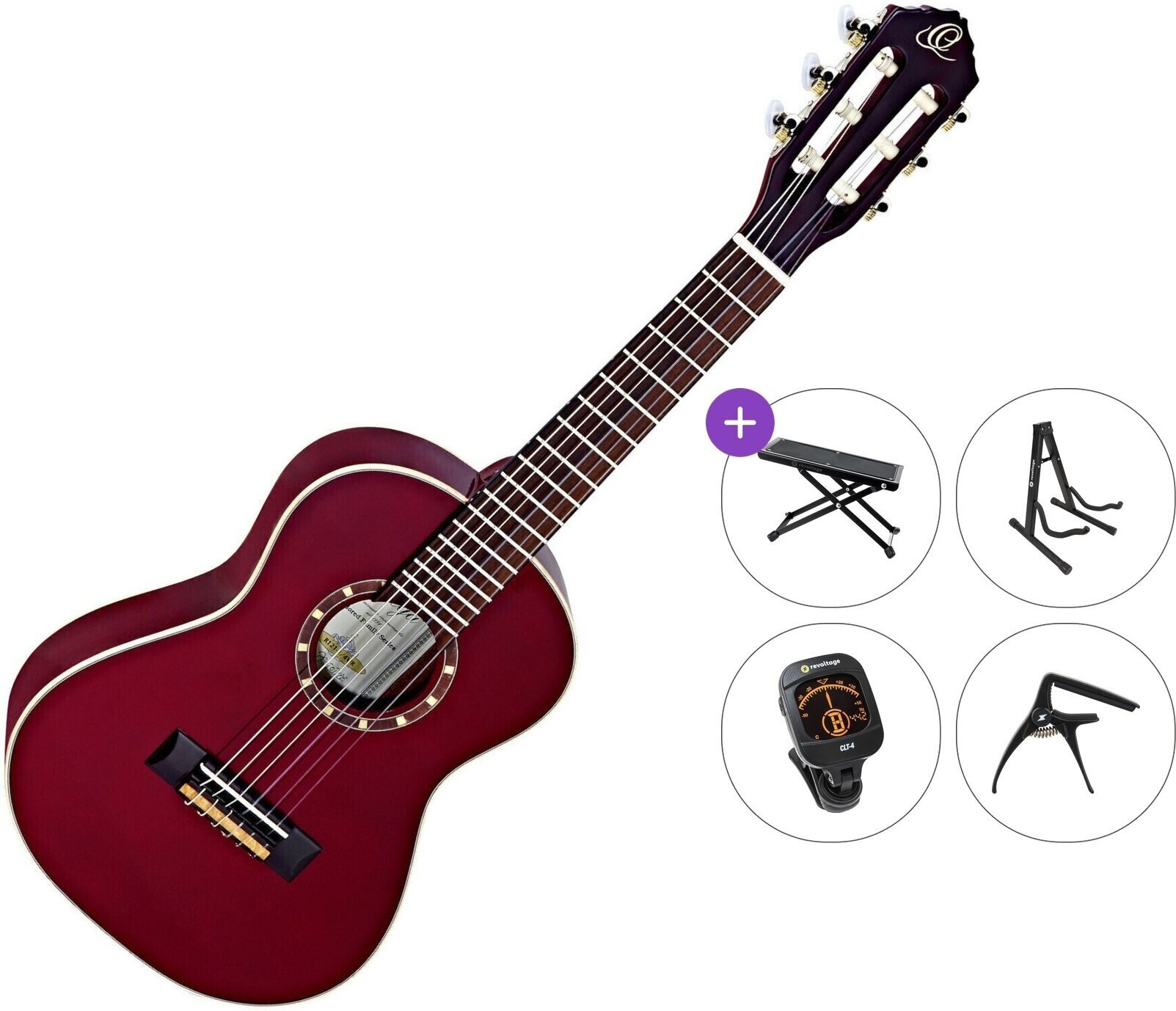 1/4 Konzertgitarre für Kinder Ortega R121 Premium SET Wine Red 1/4 Konzertgitarre für Kinder