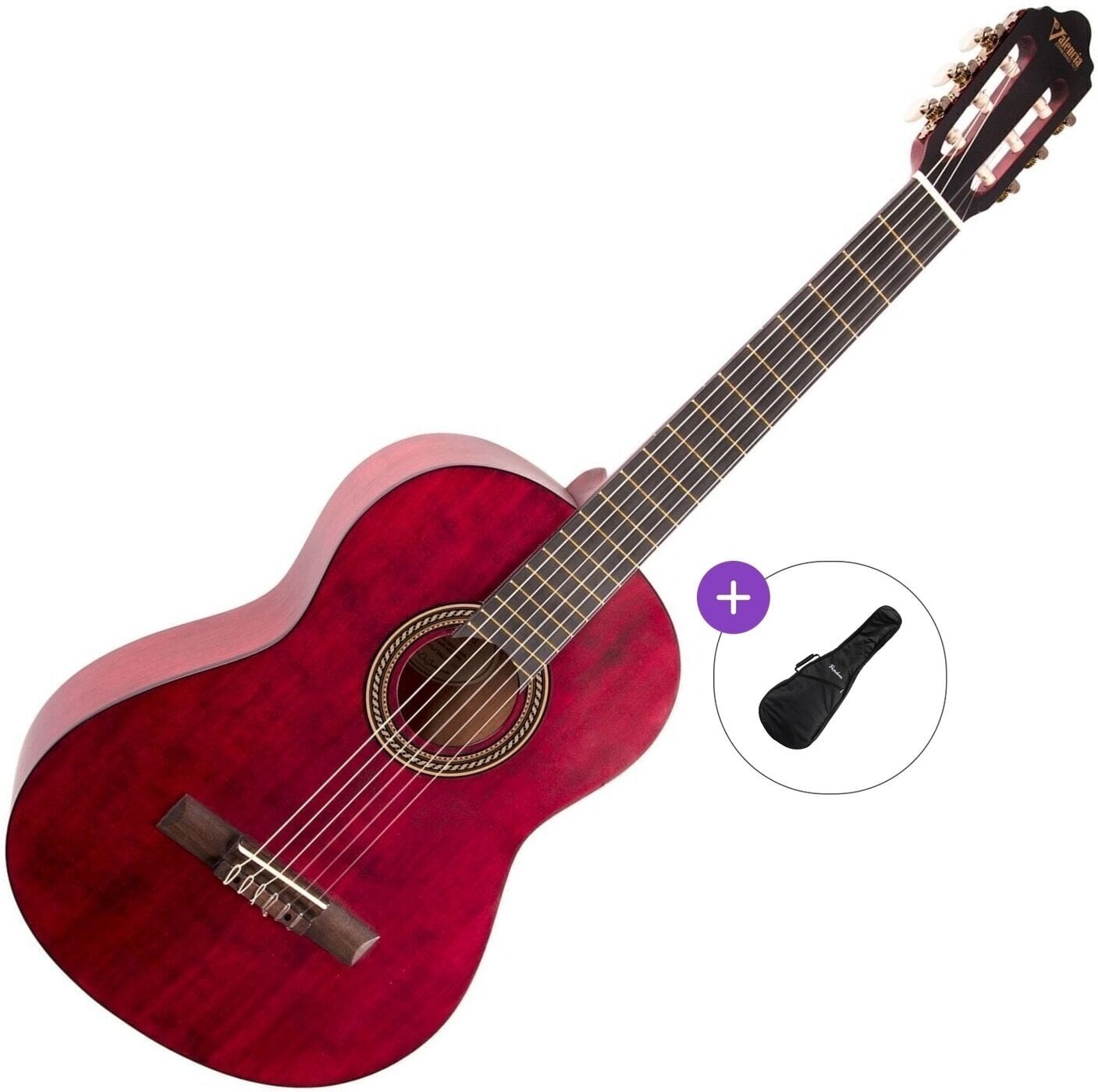 Klasszikus gitár Valencia VC204 Basic SET 4/4 Transparent Wine Red Klasszikus gitár