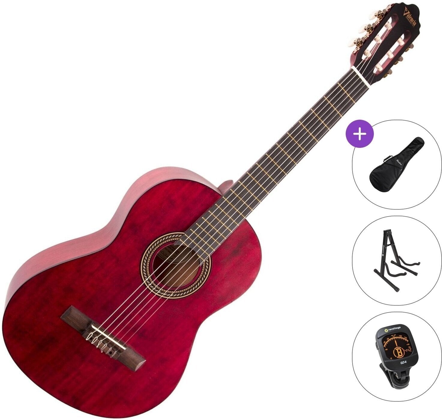 Klasszikus gitár Valencia VC204 Standard SET 4/4 Transparent Wine Red Klasszikus gitár