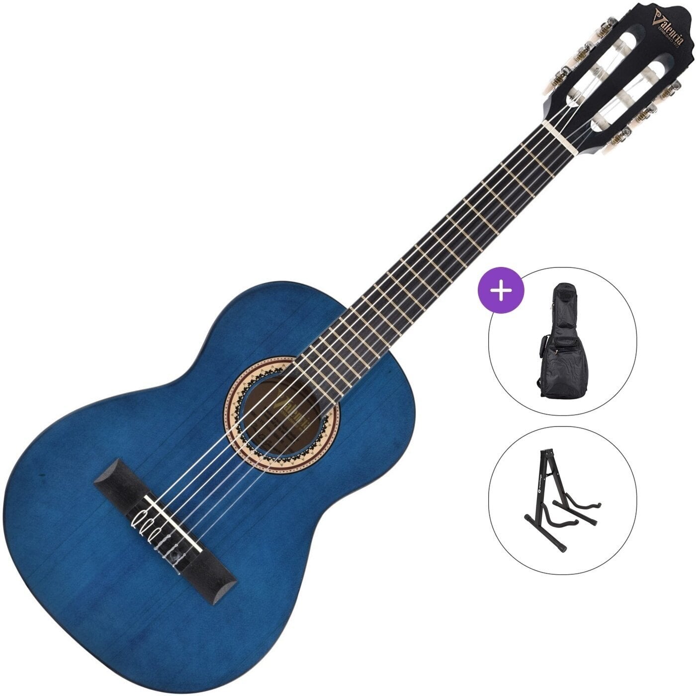 1/4 Konzertgitarre für Kinder Valencia VC201 Standard SET Transparent Blue 1/4 Konzertgitarre für Kinder