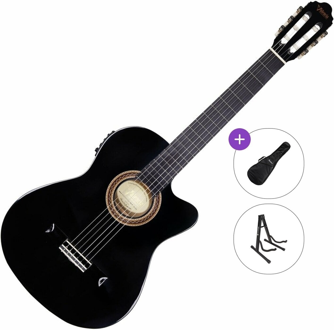 Gitara klasyczna z przetwornikiem Valencia VC104TCE Standard SET 4/4 Black Gitara klasyczna z przetwornikiem