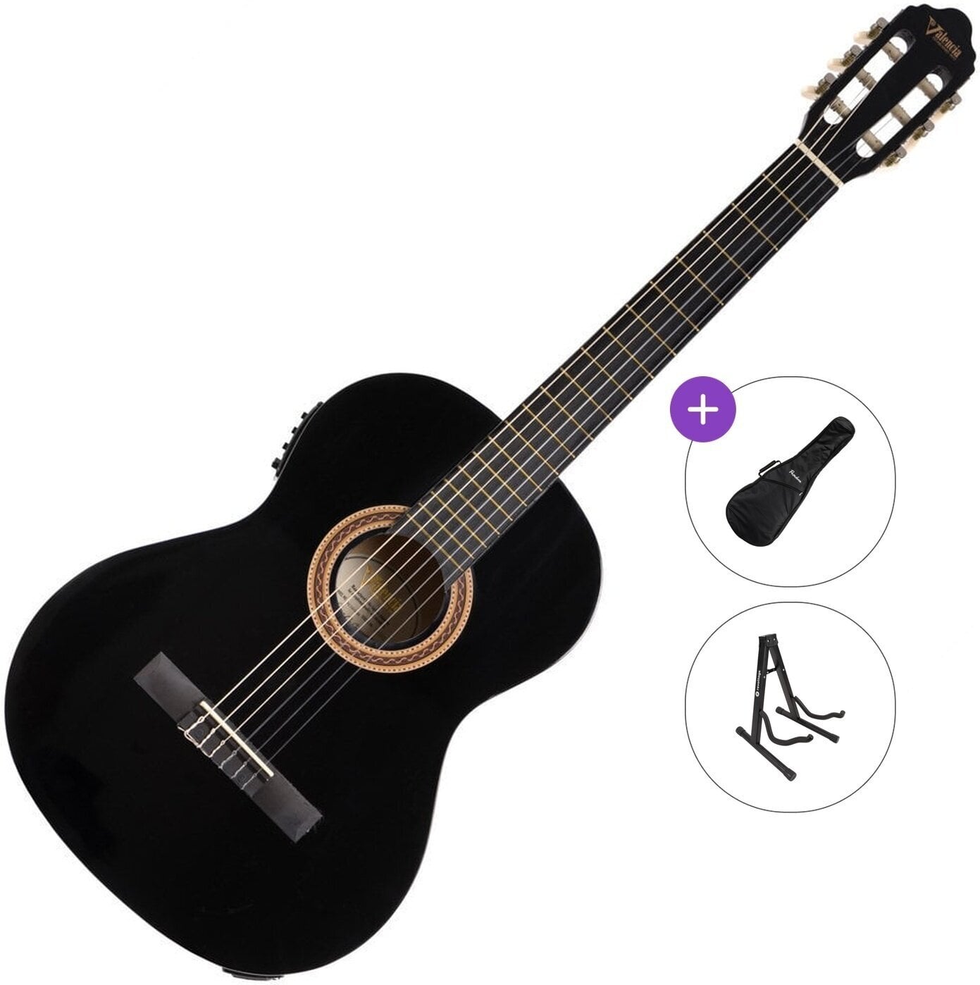 Guitarra clássica com pré-amplificador Valencia VC104E Standard SET 4/4 Black Guitarra clássica com pré-amplificador