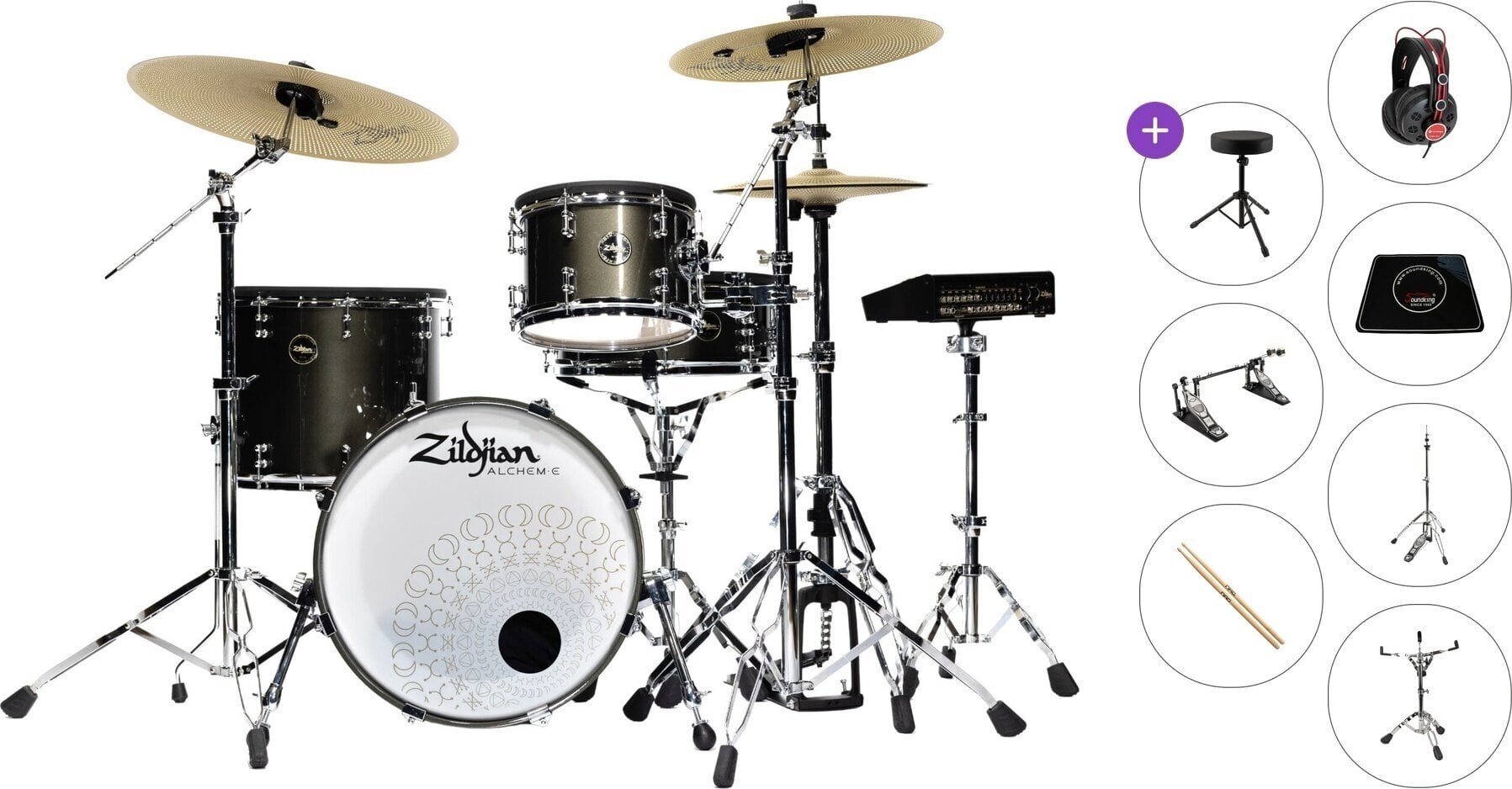 Elektroniskais bungu komplekts Zildjian Alchem-E Gold Premium SET Black Gold Foundry Shimmer Gloss Lacquer Elektroniskais bungu komplekts