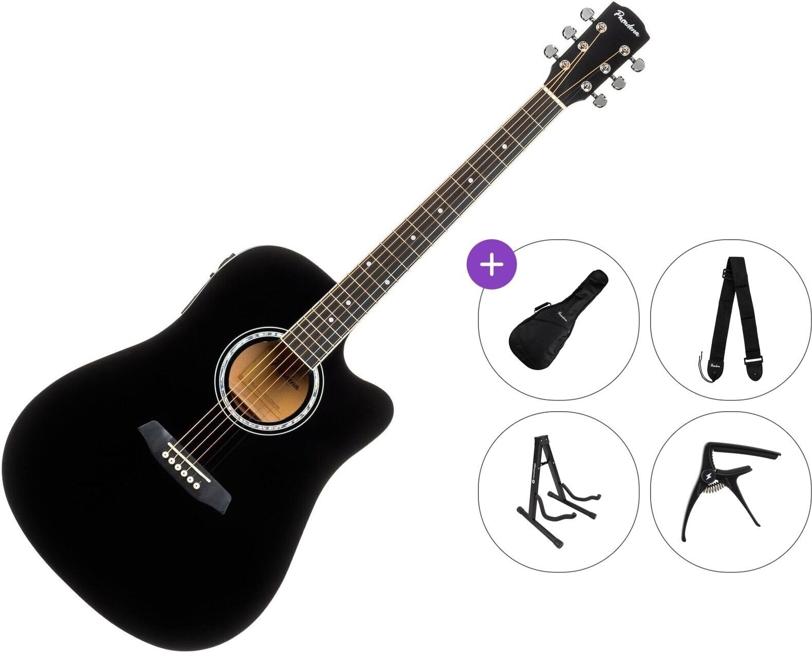 Dreadnought elektro-akoestische gitaar Pasadena PDC-10E Premium SET Black Dreadnought elektro-akoestische gitaar