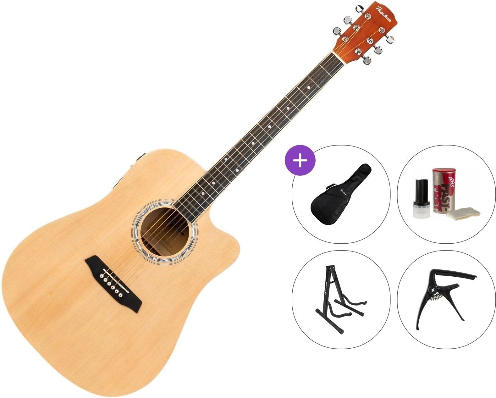 Dreadnought elektro-akoestische gitaar Pasadena PDC-10E Premium SET Natural Dreadnought elektro-akoestische gitaar