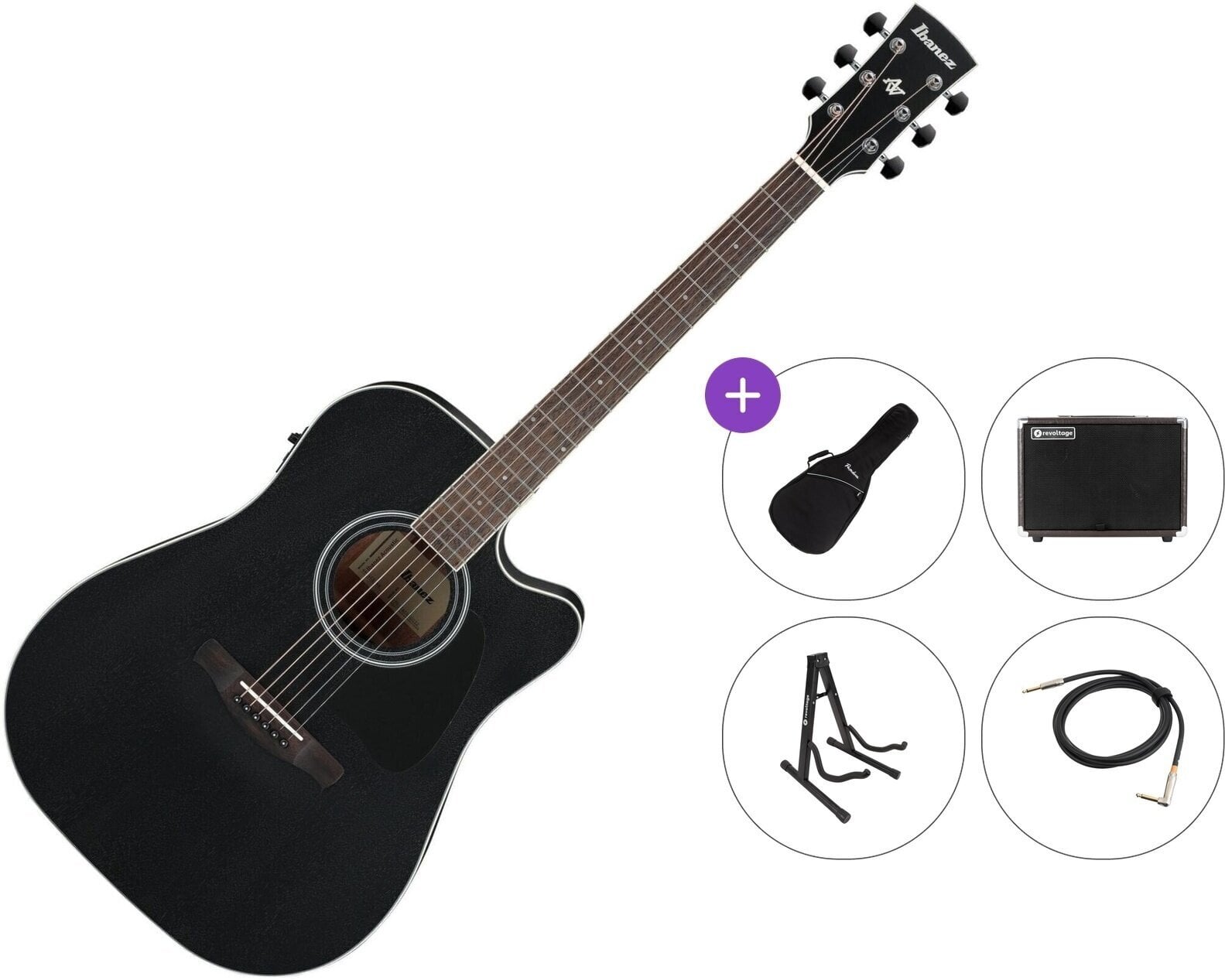 Dreadnought elektro-akoestische gitaar Ibanez AW84CE-WK Premium SET Weathered Black Open Pore Dreadnought elektro-akoestische gitaar