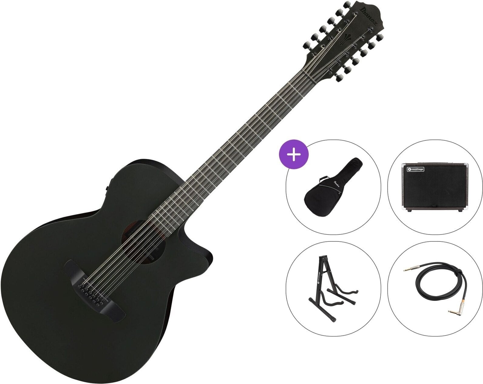 Guitarra eletroacústica de 12 cordas Ibanez AEG1221-BOT Premium SET Black Out Guitarra eletroacústica de 12 cordas