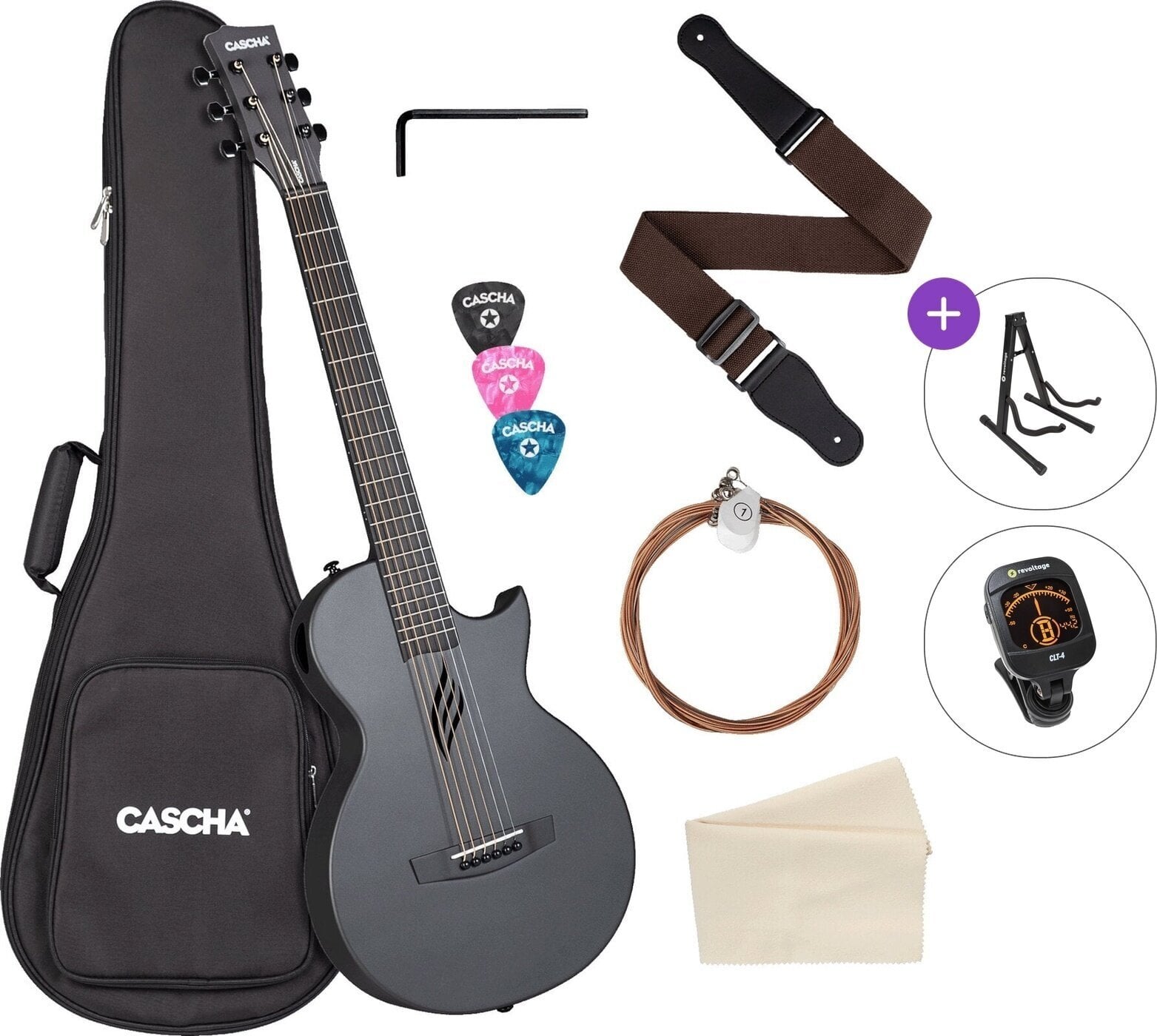Folk Guitar Cascha Carbon Fibre Acoustic Guitar Standard SET Black Matte Folk Guitar