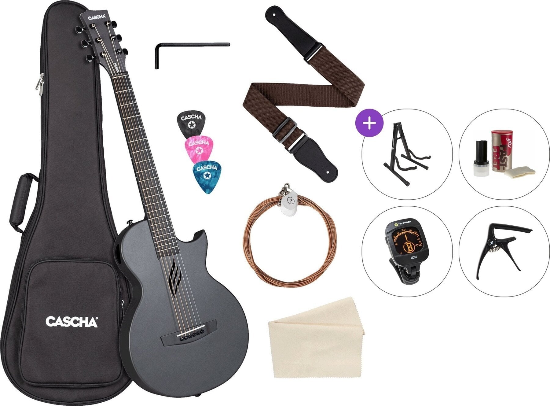 Folk Guitar Cascha Carbon Fibre Acoustic Guitar Premium SET Black Matte Folk Guitar