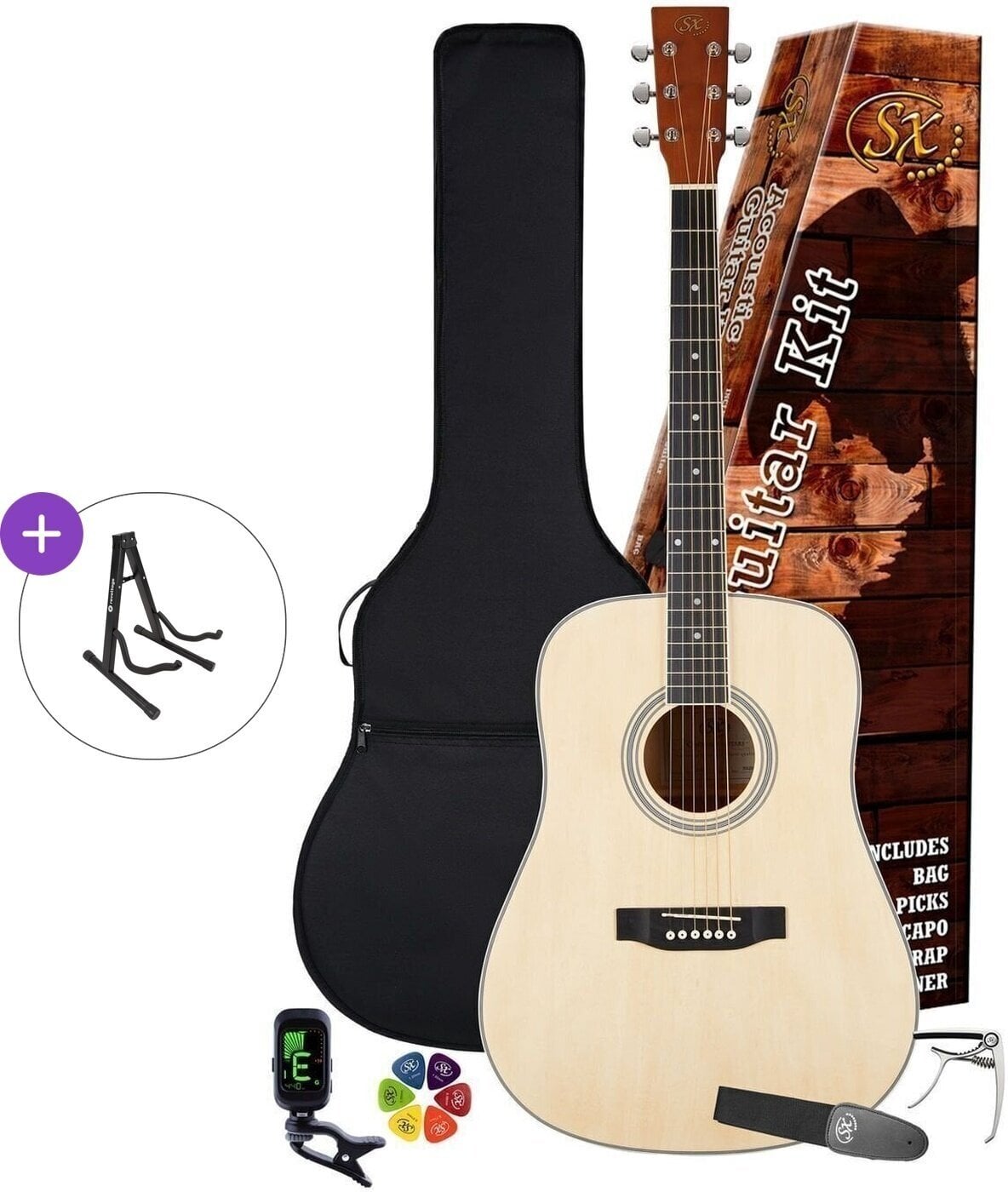 Dreadnought-kitara SX SD104LK Basic SET Natural Dreadnought-kitara