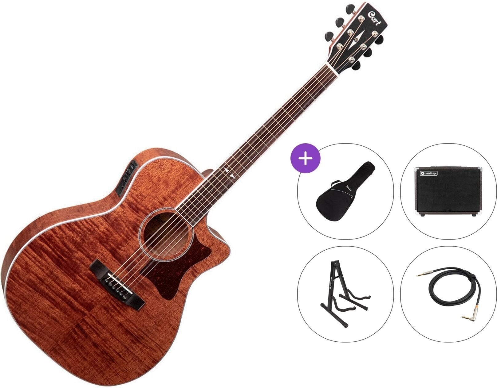 Jumbo Elektro-Akustikgitarren Cort GA5F-FMH Premium SET Open Pore Natural Jumbo Elektro-Akustikgitarren