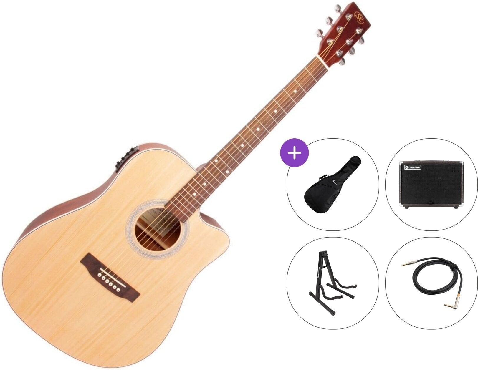 Elektroakustická gitara Dreadnought SX SD204CE Premium SET Natural Elektroakustická gitara Dreadnought