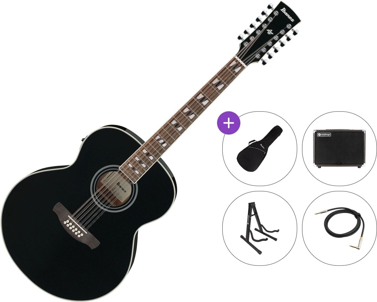 12-keelne elektroakustiline kitarr Ibanez AJ7012M1E-BK Premium SET Black 12-keelne elektroakustiline kitarr