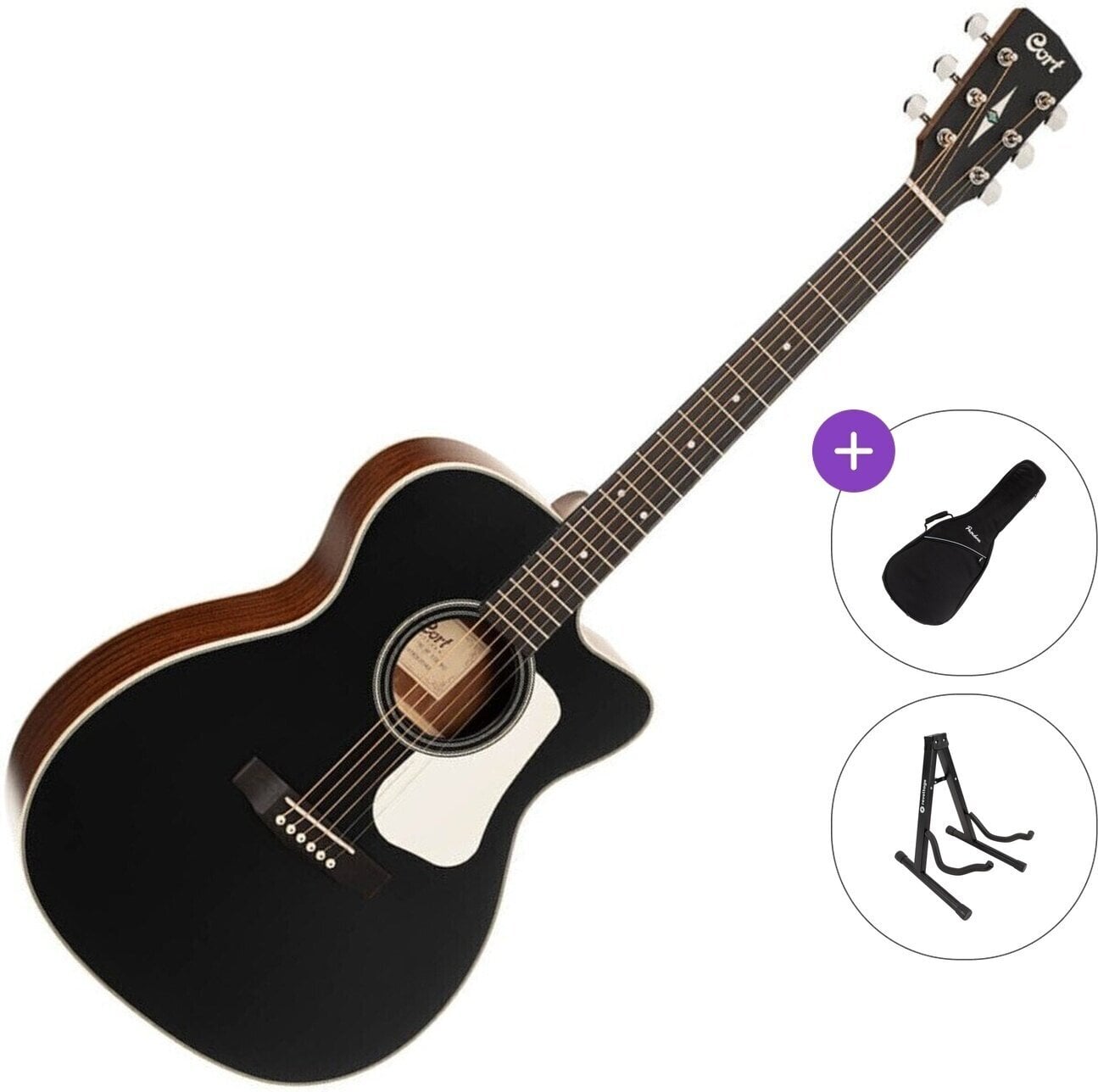Jumbo Elektro-Akustikgitarren Cort L100OCF-CED Standard SET Black Satin Jumbo Elektro-Akustikgitarren