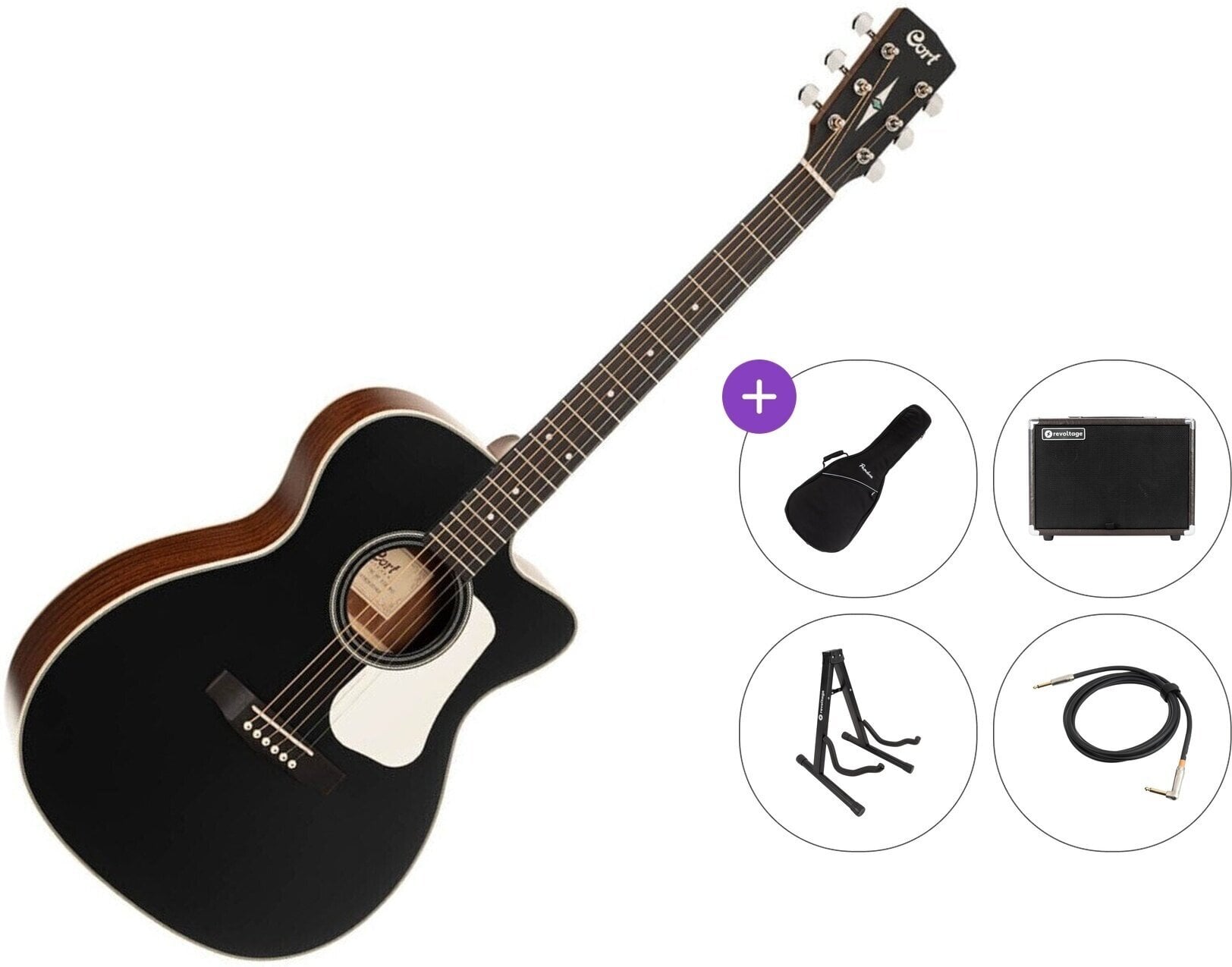 Jumbo Elektro-Akustikgitarren Cort L100OCF-CED Premium SET Black Satin Jumbo Elektro-Akustikgitarren