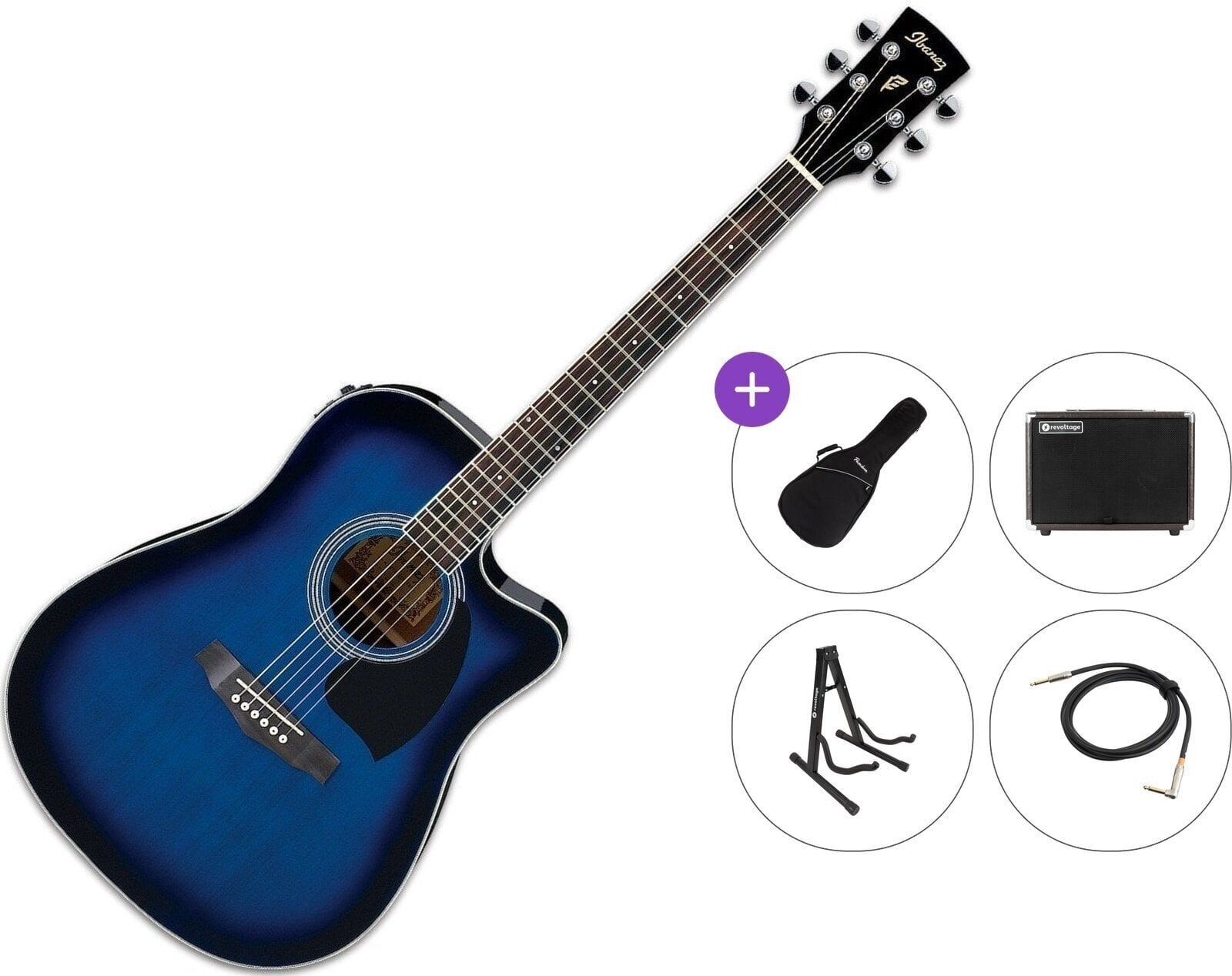 Elektro-akustična Dreadnought Ibanez PF15ECE-TBS Premium SET Transparent Blue Sunburst Elektro-akustična Dreadnought