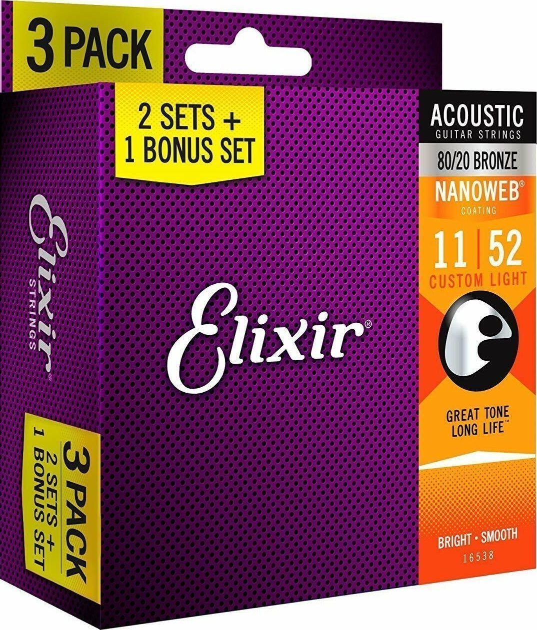 Guitar strings Elixir 16538 NANOWEB Coating Custom Light 11-52 3-PACK