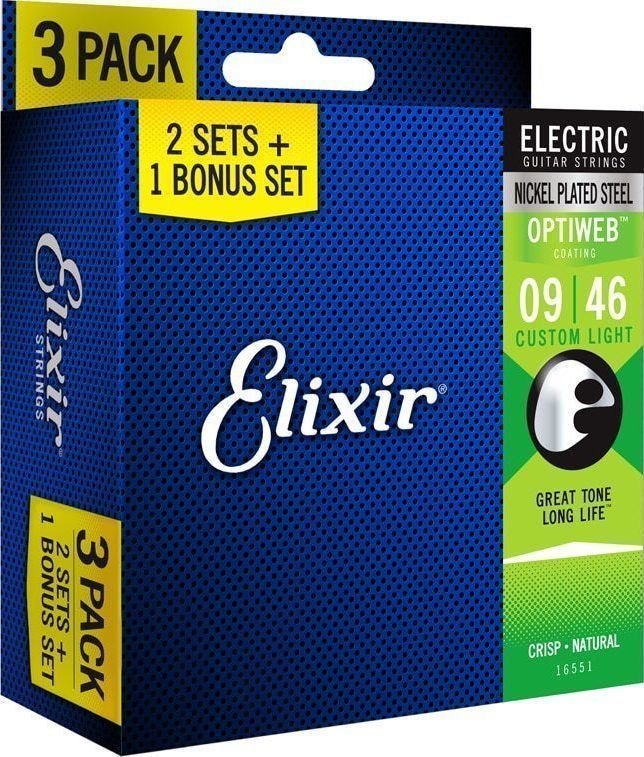 Cuerdas para guitarra eléctrica Elixir 16551 OPTIWEB Coating Custom Light 9-46 3-PACK