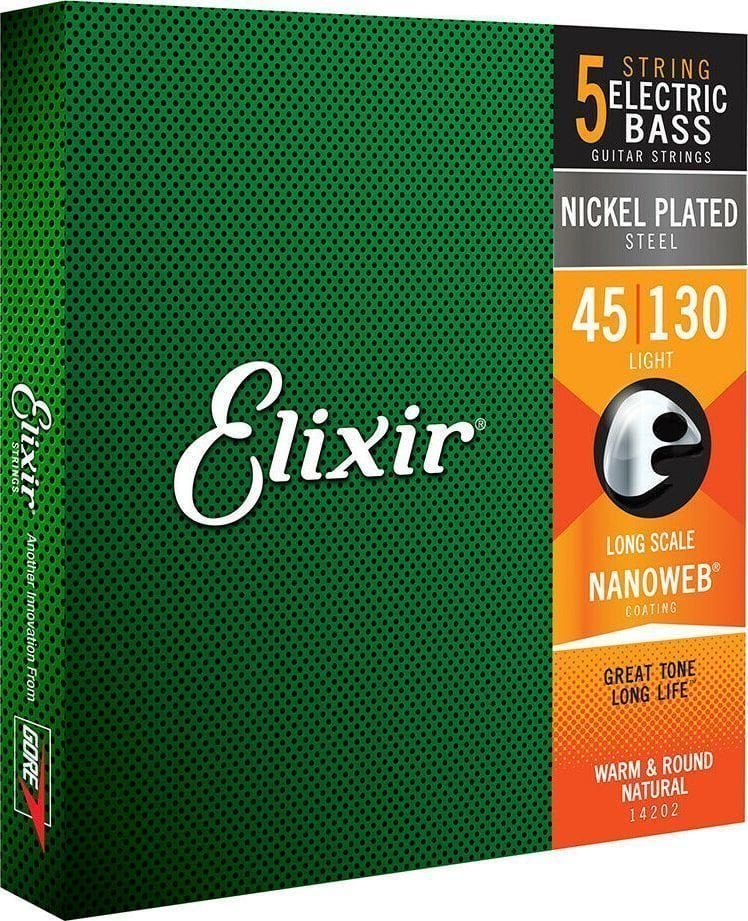 Saiten für 5-saitigen E-Bass, Saiten für 5-Saiter E-Bass Elixir 14202 NanoWeb Light 45-130