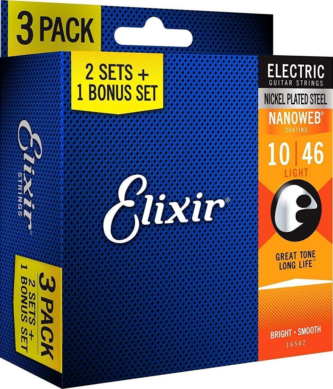 Struny pre elektrickú gitaru Elixir 16542 Nanoweb Electric Guitar Light 3 Pack (10-46)