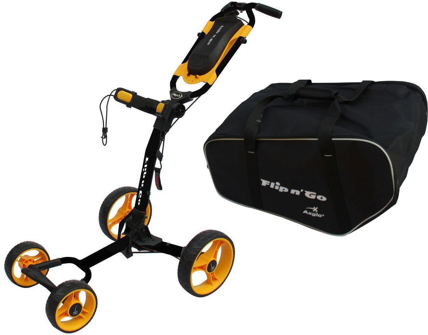 Manuálny golfový vozík Axglo Flip N Go 4-Wheel Trolley Black/Yellow SET Manuálny golfový vozík