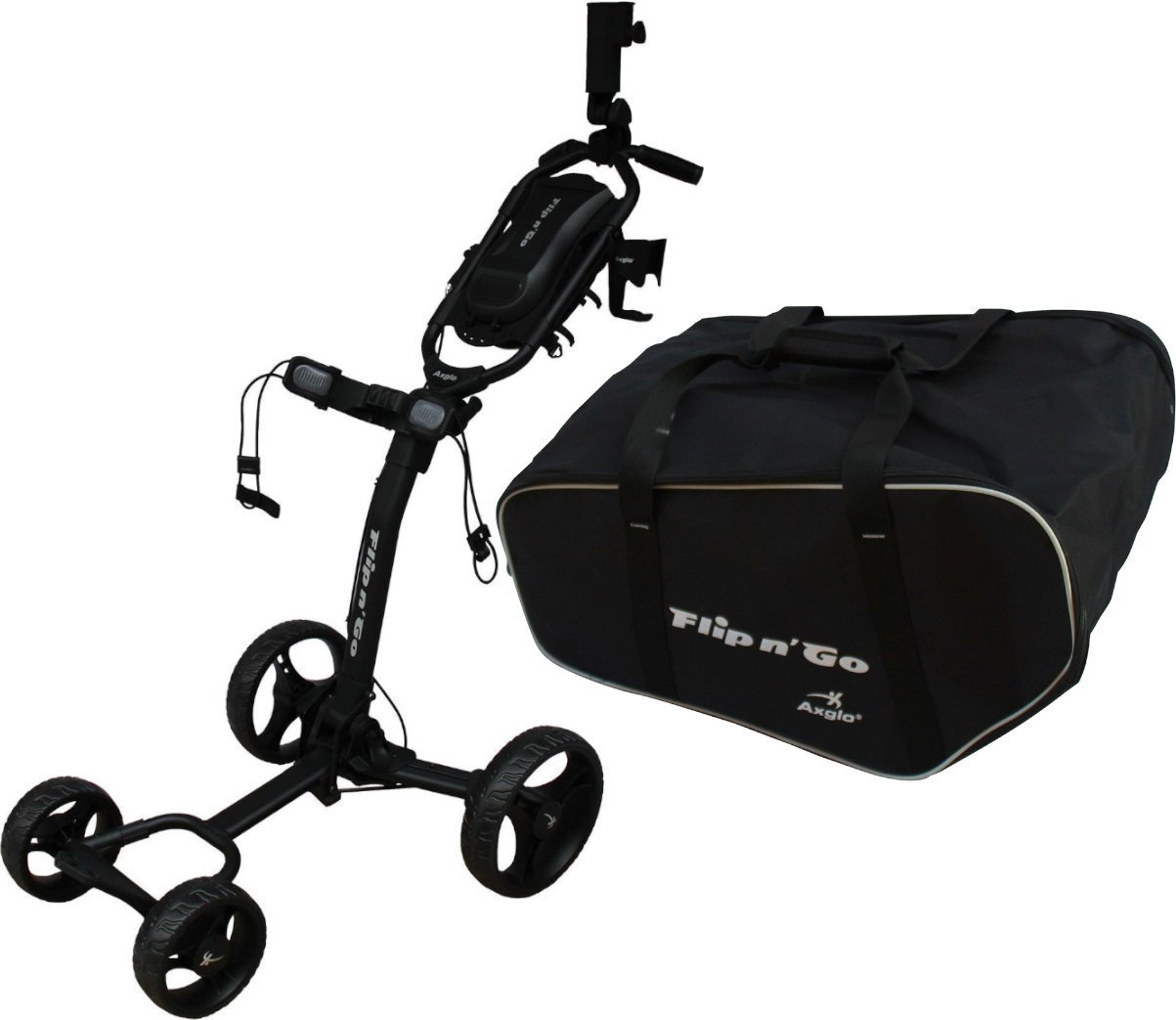 Manuálny golfový vozík Axglo Flip N Go 4 Wheel Trolley Black/Black SET Manuálny golfový vozík